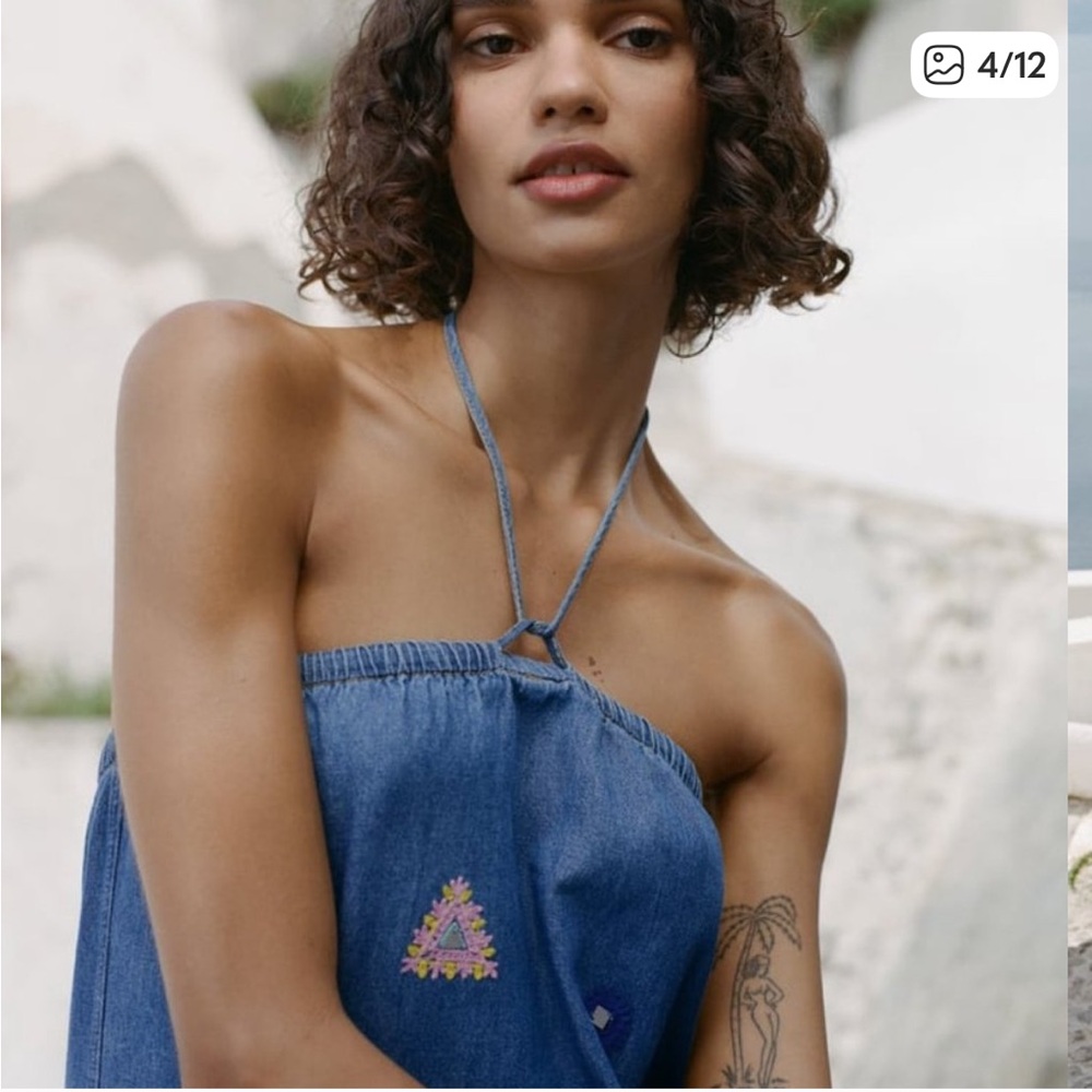 Zara Denim Chambray Embroidered Halter Dress NEW NWT - Picture 4 of 10